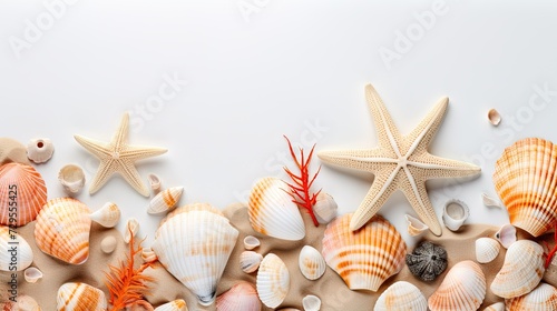 Sea ocean themed horizontal banner with starfish, sand, sea shells, top view with copy space