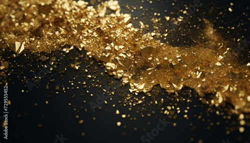 Wide gold glitter falling particles. Copy space. Space for text. Golden glitter festive background for invitation, gift card, gift voucher. invitation. Particle explosion.