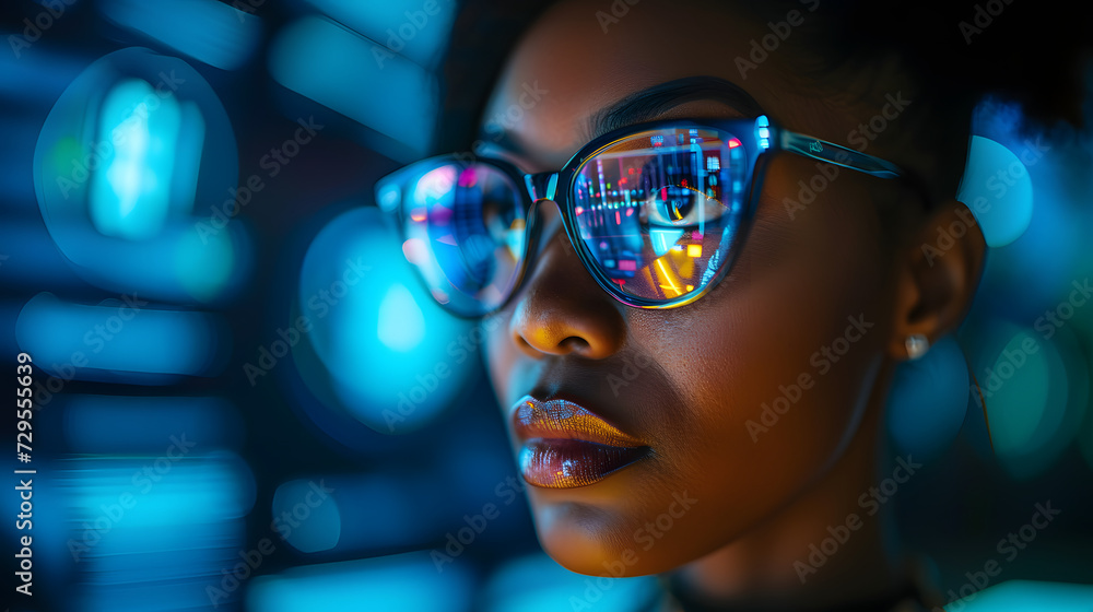 afro american woman Engineer designs AI technology with reflection on eyeglass lenses afro american woman Engineer designs AI technology with reflection on eyeglass lenses