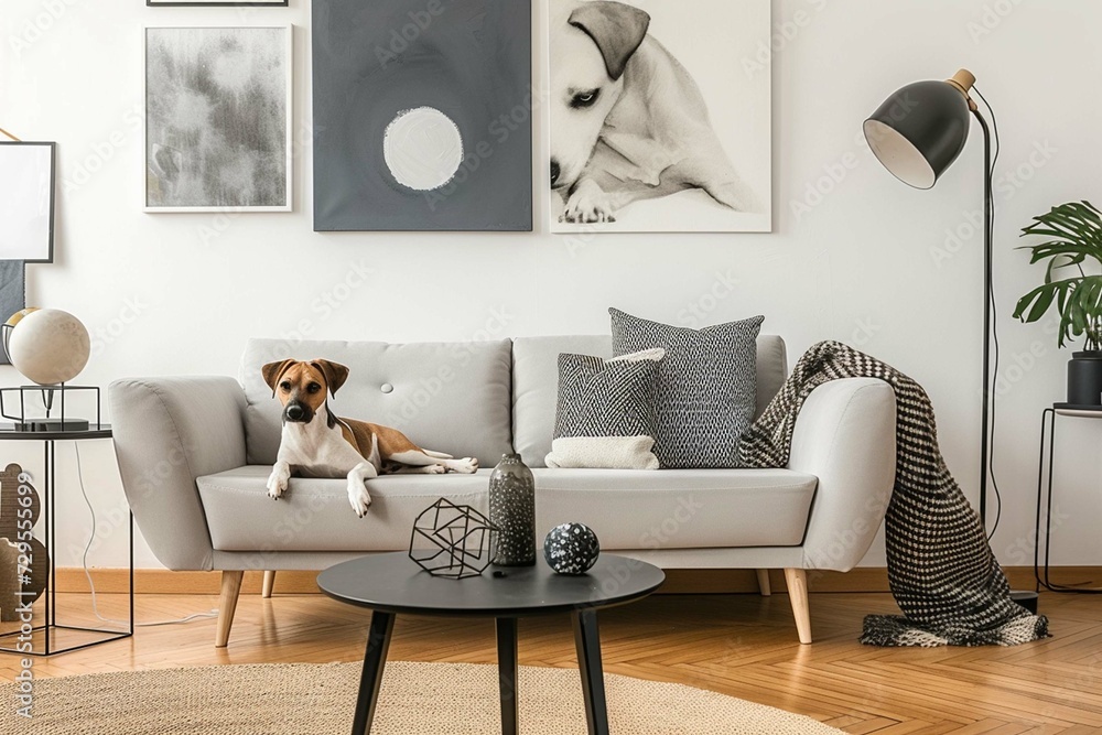 Stylish and Scandinavian living room interior of modern apartment with gray sofa, design wooden commode, black table, lamp, abstract paintings on the wall. Beautiful dog lying on the couch. Home décor - obrazy, fototapety, plakaty 