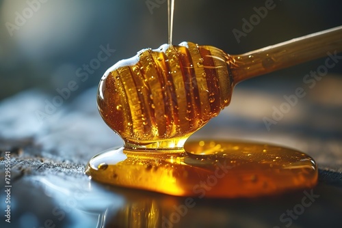closeup of honey flowing down a wooden honey spoon