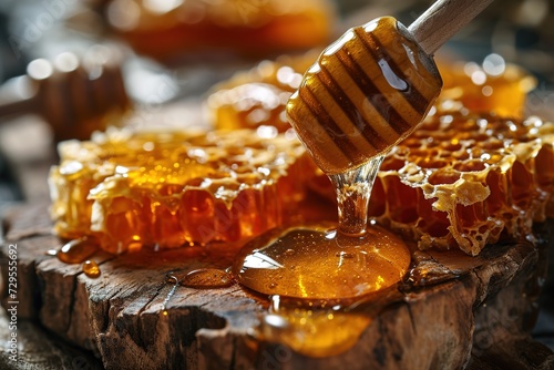 closeup wooden honey spoon with honey flowing onto honeycombs on wooden background