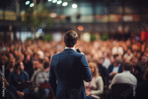 Motivational speaker with microphone performing on stage photo