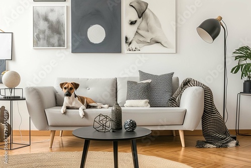 Stylish and Scandinavian living room interior of modern apartment with gray sofa, design wooden commode, black table, lamp, abstract paintings on the wall. Beautiful dog lying on the couch. Home décor