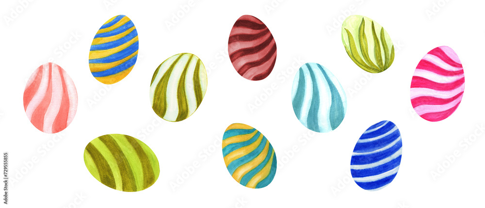 Easter Eggs. Set of colorful striped eggs. Watercolor illustration. Elements for eastern decoration