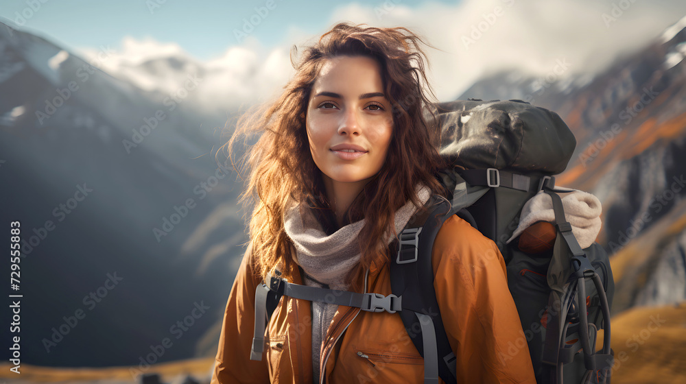 beautiful young woman tourist with a backpack on a hike in the mountains. tourism and outdoor travel.