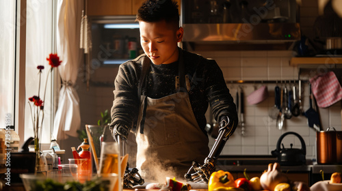 Asian chef cooking with two prosthetic arms