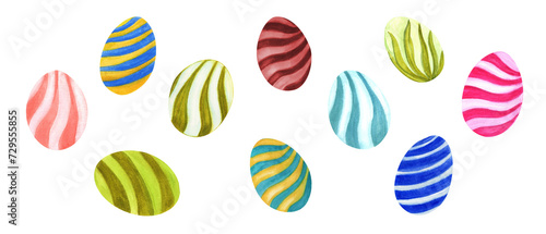 Easter Eggs. Set of colorful striped eggs. Watercolor illustration. Elements for eastern decoration