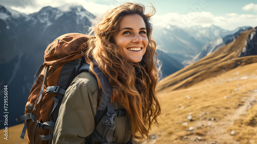 portrait of a beautiful young woman tourist with a backpack on a hike in the mountains. tourism and outdoor travel.