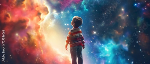 A Little Boy Against The Backdrop Of Bright Outer Space. Generative AI