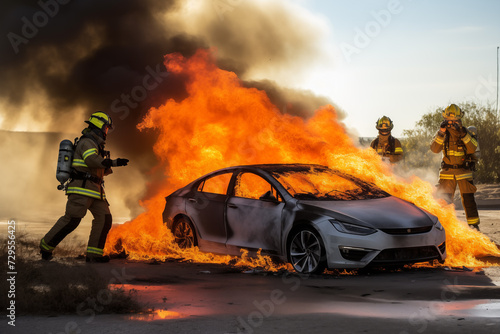 Electric car on fire, firefighters on the scene