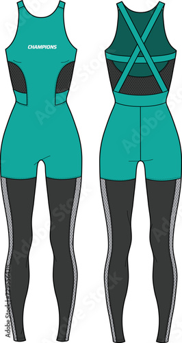 Women sports sleeveless full Bodysuit shorts pants active wear design flat sketch fashion Illustration, Unitard suitable for girls and Ladies . Bodycon jumpsuit with sports bra active wear.