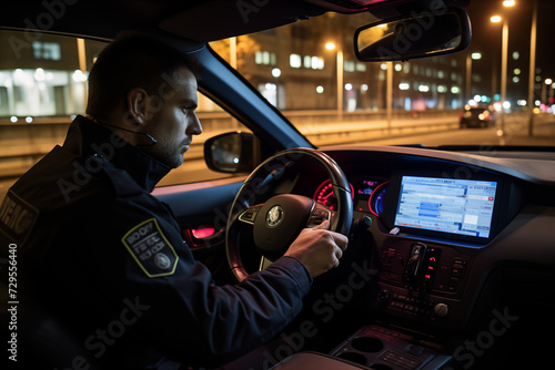 Inside Police Traffic Patrol Squad Car: White Male Police Officer on Duty Uses Laptop to Check Crime Suspect Background, License Numbers, License and Registration. Officer of the Law Fight Crime