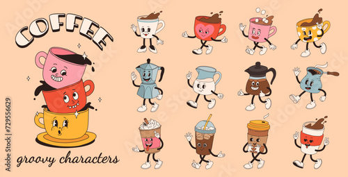 Retro groovy set with coffee mascot, cartoon characters, funny colorful doodle style characters, cappuccino, cocoa, latte, espresso and americano. Vector illustration on beige isolated background.
