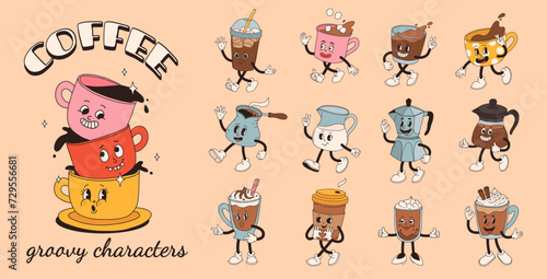 Retro groovy set with coffee mascot, cartoon characters, funny colorful doodle style characters, cappuccino, cocoa, latte, espresso and americano. Vector illustration on beige isolated background.