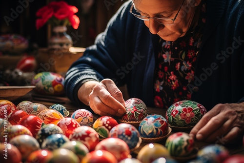 Older female painting Easter eggs at table in kitchen photo