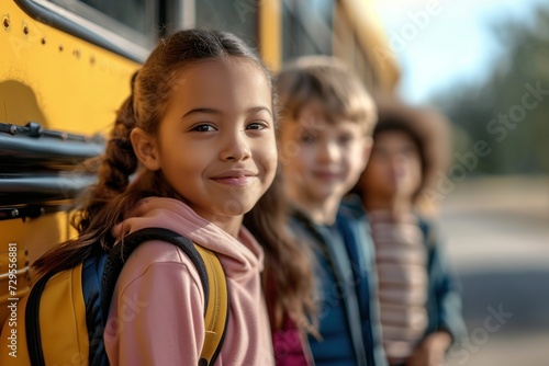 School children pupils standing near yellow school bus