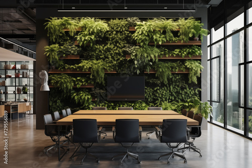 Office interiror with flora and fauna or vertical garden