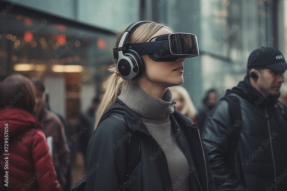 Woman using virutal headset in public Woman using virutal headset in public