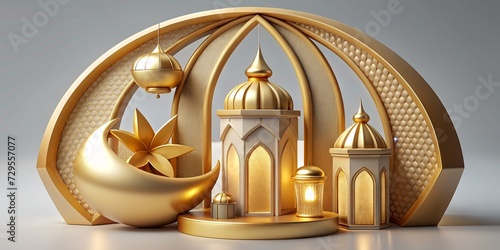 Islamic background lantern gold crescent moon on white Design concept of Ramadan Kareem Eid Mubarak