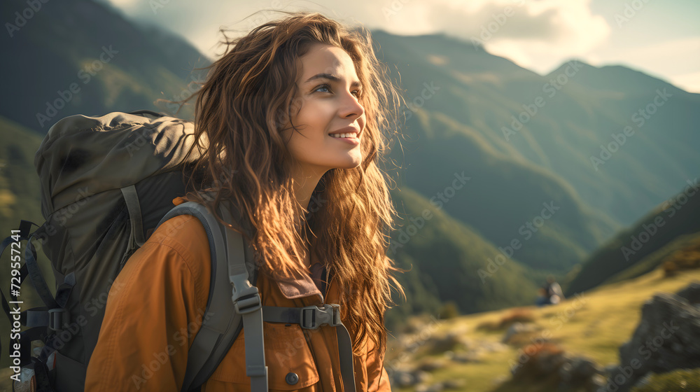 portrait of a beautiful young woman tourist with a backpack on a hiking trip in the mountains. tourism and outdoor travel. portrait of a beautiful young woman tourist with a backpack on a hiking trip in the mountains. tourism and outdoor travel.