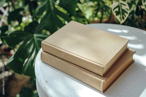 Two beige books Mockup with textured Kraft hardcover on white table outdoor