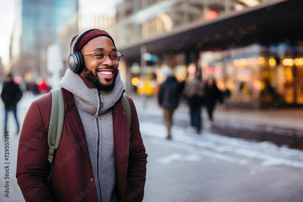 City Harmony: Joyful African American Man Delighting in Winter Day, Captivated by Urban Melodies City Harmony: Joyful African American Man Delighting in Winter Day, Captivated by Urban Melodies