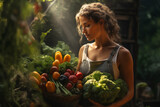 Woman caucasian, picking veggies from a garden