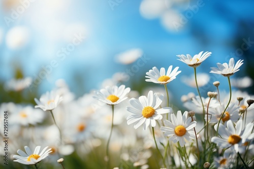 Gorgeous wild flowers - Chamomile, create a beautiful landscape in warm green colors during spring and summer. It is a wide format image with copy space. © Kristina