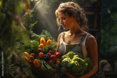 Woman caucasian, picking veggies from a garden