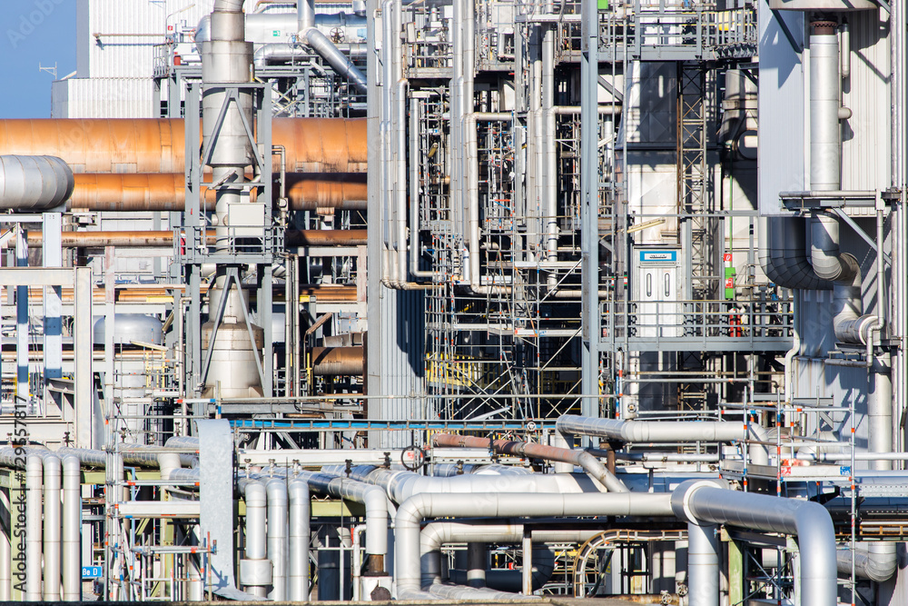 Part of refinery facility with complicated pipe system Part of refinery facility with complicated pipe system