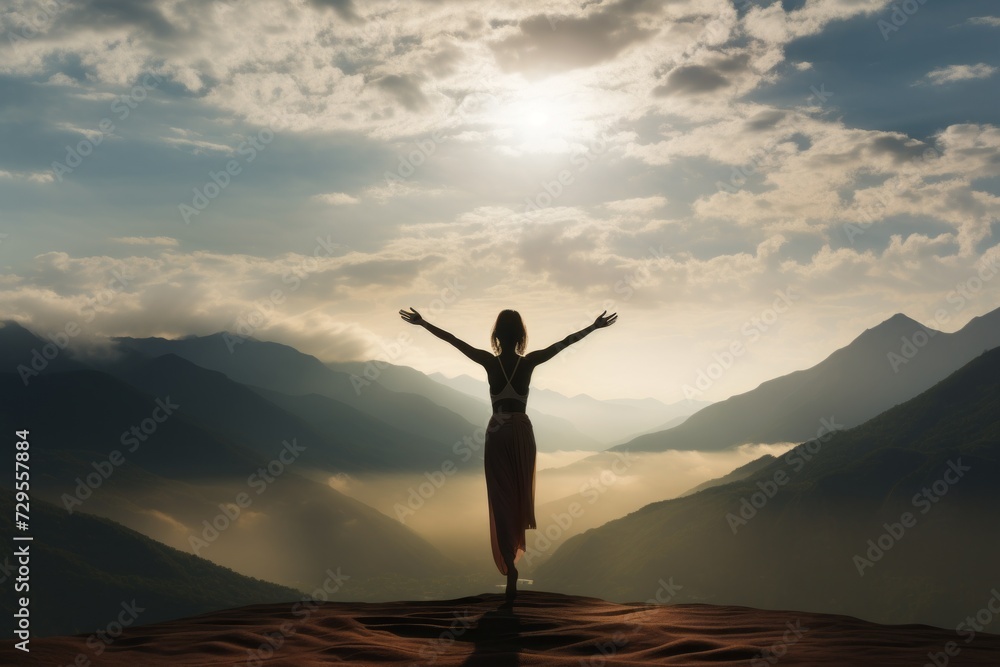 Woman in vibrant yoga pose standing on a mountain peak, background