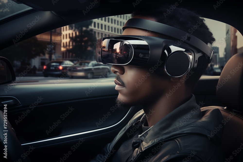 Male using virtual headset driving in the car Male using virtual headset driving in the car