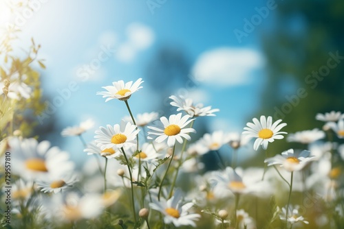 Gorgeous wild flowers - Chamomile, create a beautiful landscape in warm green colors during spring and summer. It is a wide format image with copy space.