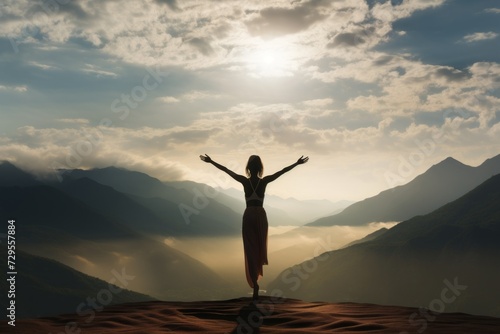 Woman in vibrant yoga pose standing on a mountain peak, background