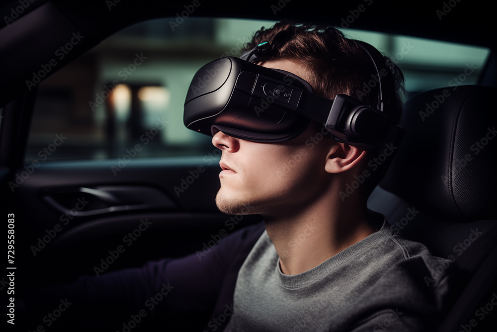 Male using virtual headset driving in the car Male using virtual headset driving in the car