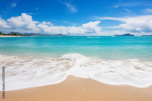 beautiful sandy beach and soft blue ocean wave.   opy space for a product 