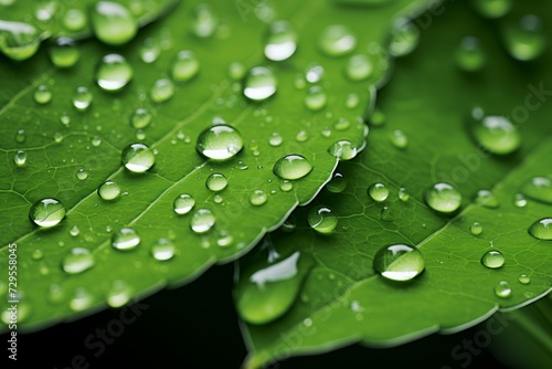 Big water drop Water on green leaf. Beautiful leaf with drops of water. Environment Concept. Photo of rain drops falling from a leaf. Long wide banner. Copy space for your design. © Kristina