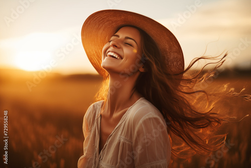 Backlit Portrait of calm happy smiling free woman with closed eyes enjoys a beautiful moment life on the fields at sunset