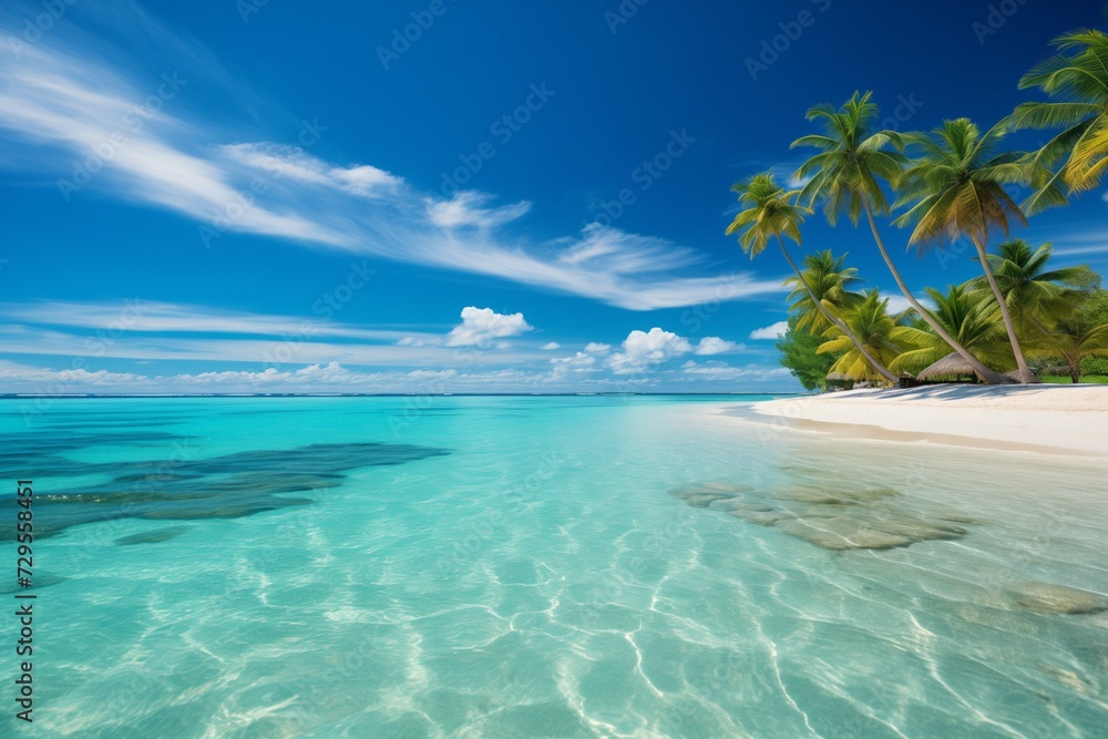beautiful sandy beach and soft blue ocean wave. Сopy space for a product
