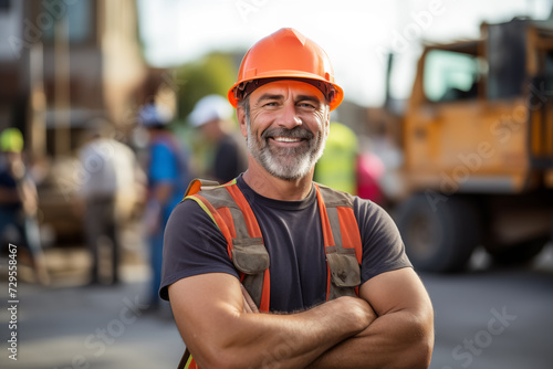 Construction worker at construction site and smiling