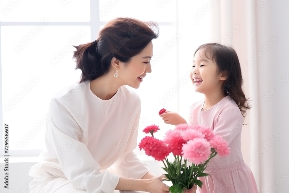 young asian mother smiling happily with daughter