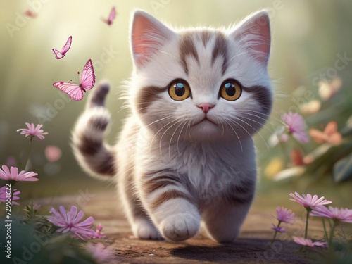 A detailed illustration of a paint of a cute colorful baby cat with white fantasy flower background