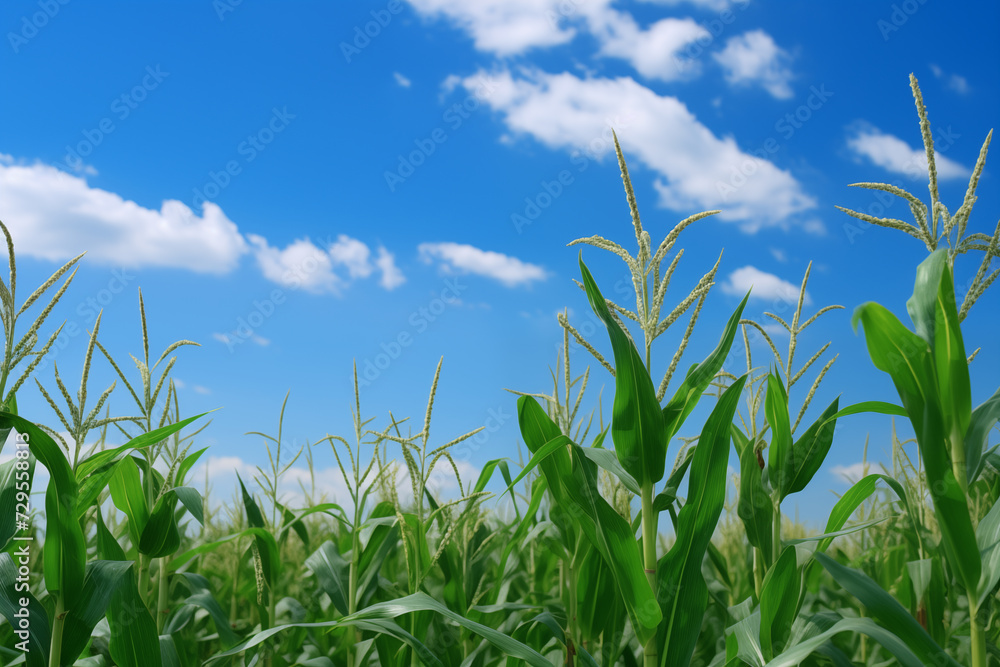 Fototapeta premium Corn field in summer with blue sky
