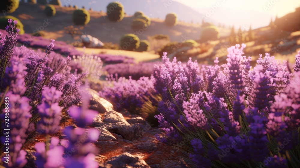 Obraz premium Lavender flowers in the mountains at sunset. Summer landscape.