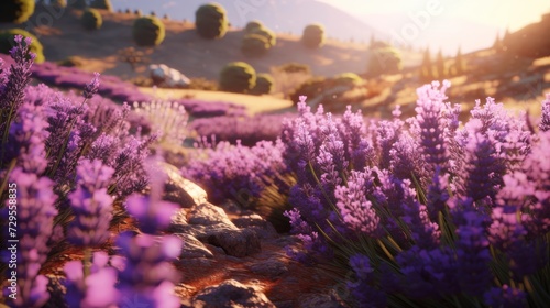 Lavender flowers in the mountains at sunset. Summer landscape.