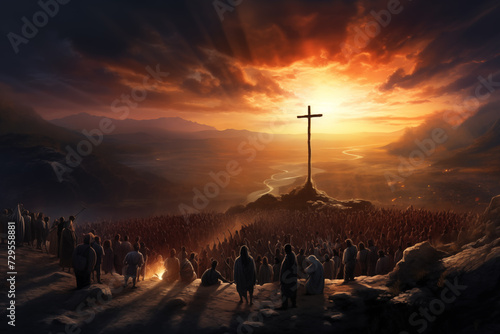 Crowd of people worshiping the cross durign suset golden sky, Jesus christ, easter
