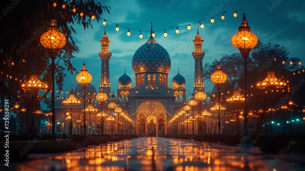 Nighttime view of a mosque adorned with sparkling string lights, creating a festive and spiritual atmosphere.
