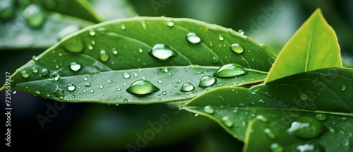 Big water drop Water on green leaf. Beautiful leaf with drops of water. Environment Concept. Photo of rain drops falling from a leaf. Long wide banner. Copy space for your design. photo