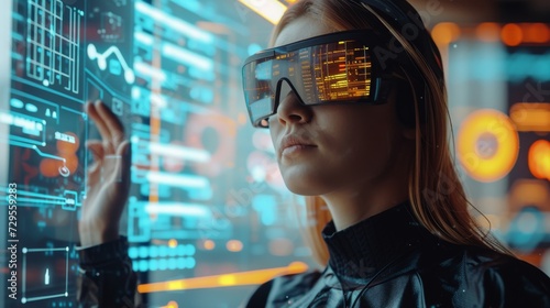 A woman interacts with a futuristic augmented reality interface using high-tech AR glasses in a dimly lit environment.